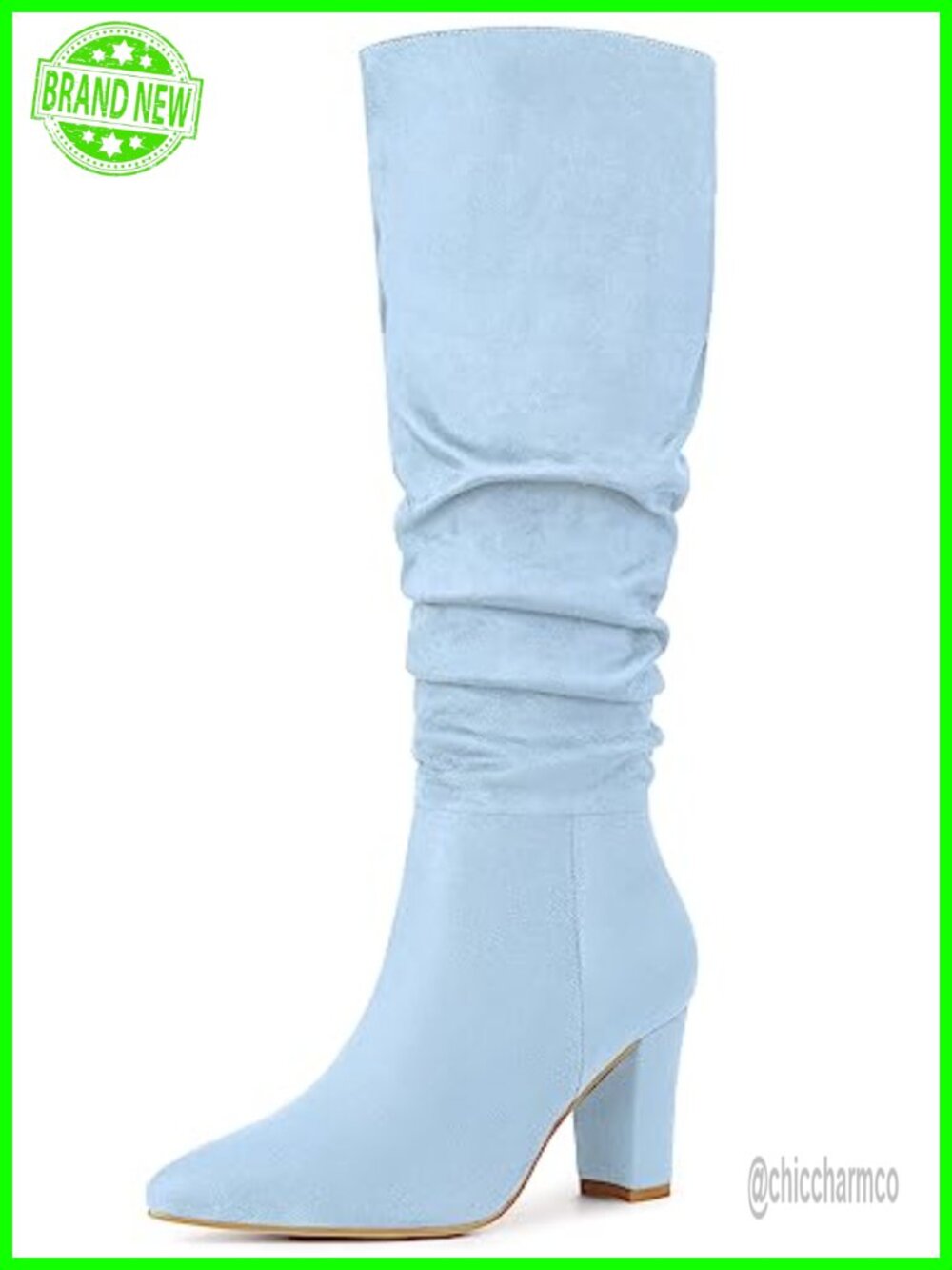 Slouch Pointed Toe Chunky Block Heel Knee High Boots Faux Suede Pull On